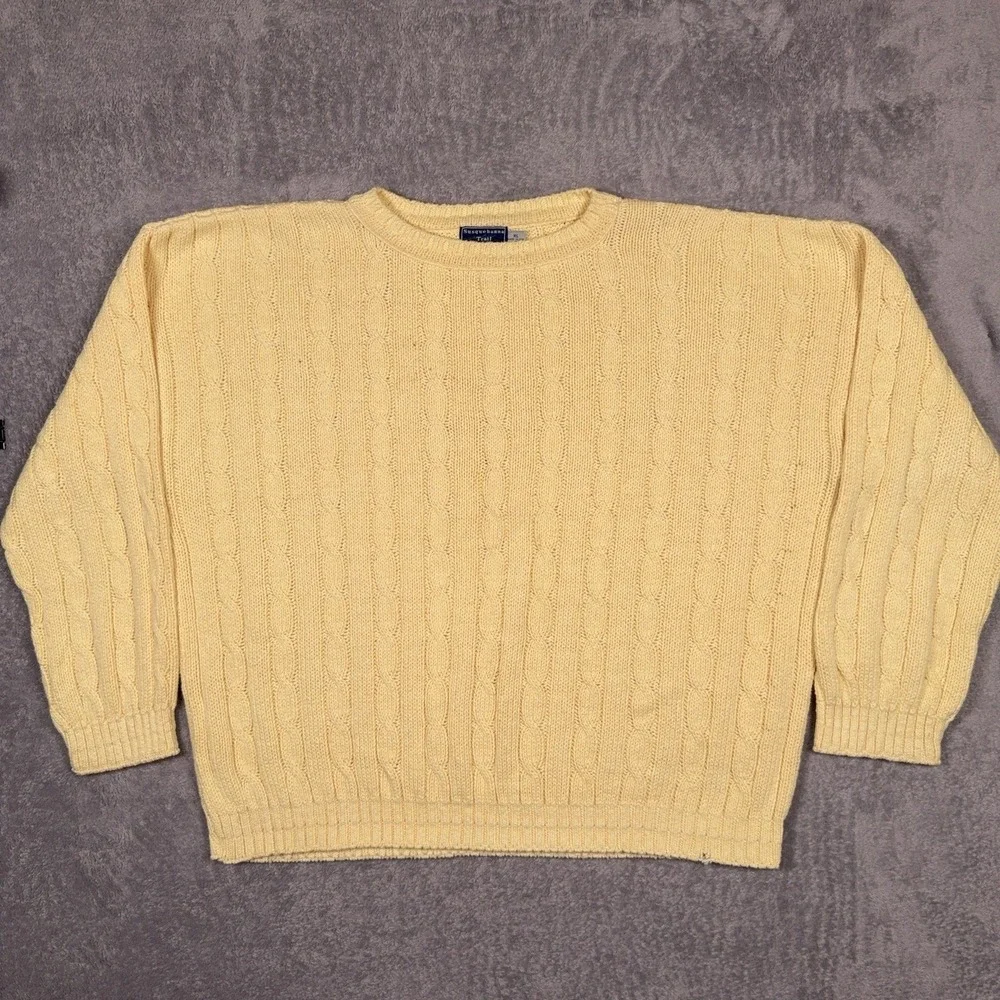 Vintage Cable Knit Crewneck Fisherman Sweater Heavy Adults XL Yellow Boxy USA